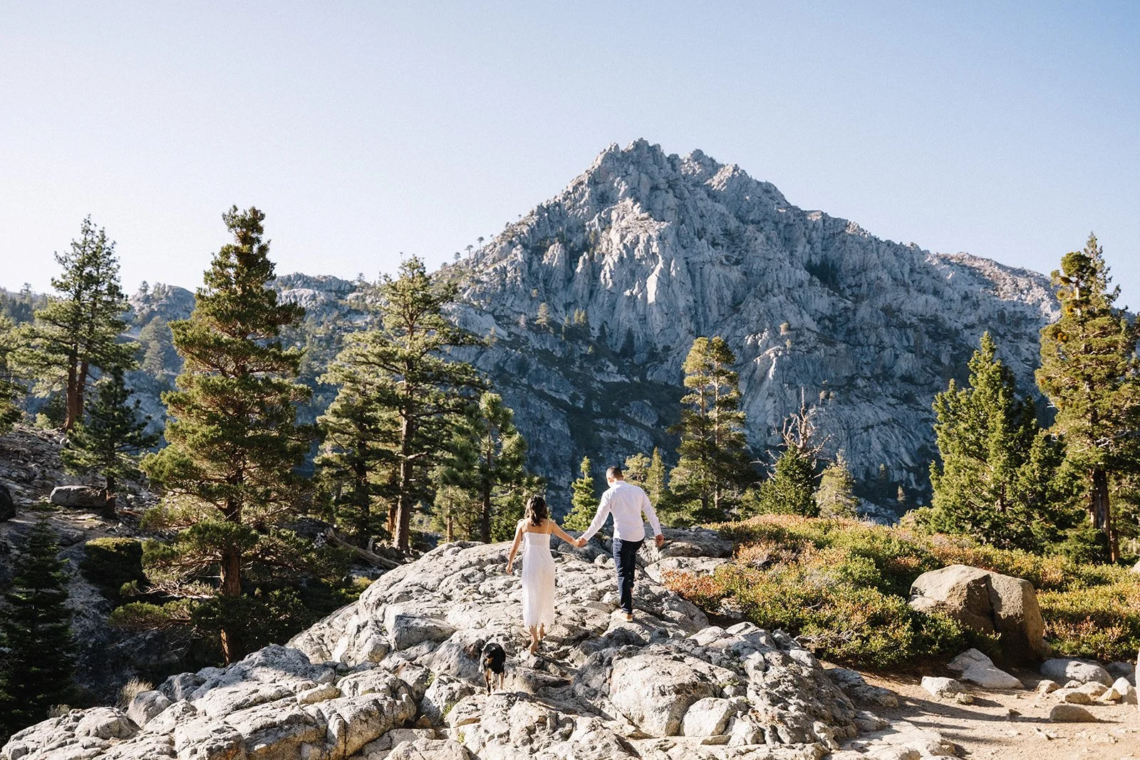 Couple at Eagle Lake sunset - Lake Tahoe engagement photographer AJ Photography