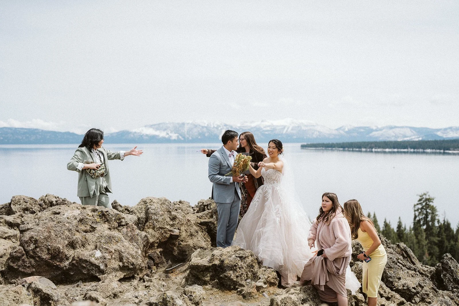 Outdoor elopement ceremony on Eagle Rock overlooking Lake Tahoe, Sierra Nevada mountains — AJ Photography