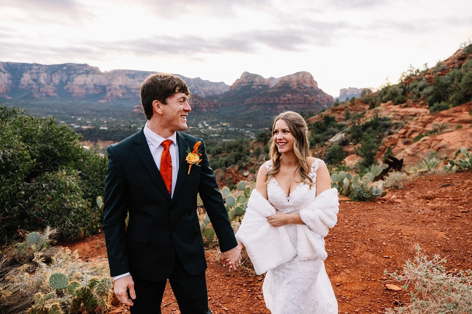 Couple at Airport Mesa Sedona sunrise morning - Sedona elopement AJ Photography