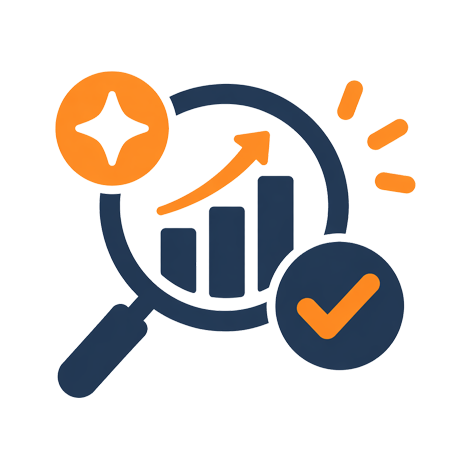 Magnifying glass with a bar chart, upward arrow, spark icon, and checkmark in circles, representing data analysis and success.