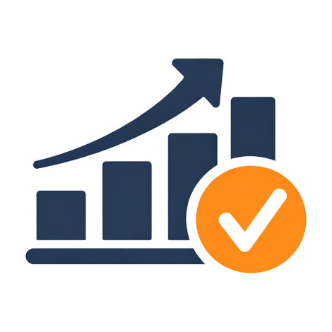 Graphic of an upward trending bar chart with a checkmark icon in front, symbolizing growth or success.