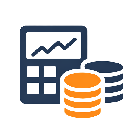 Icon of a calculator with a growing financial graph and coins.