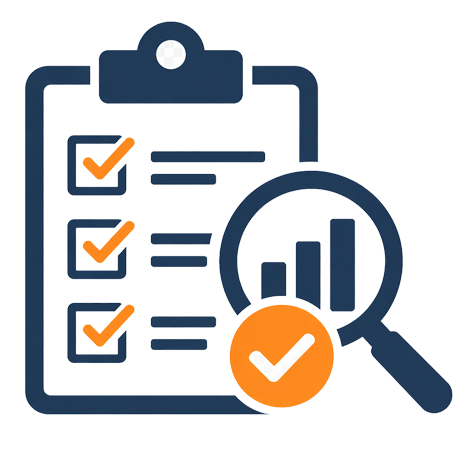 Clipboard with checkmarks, magnifying glass, and bar chart, representing data analysis or review.
