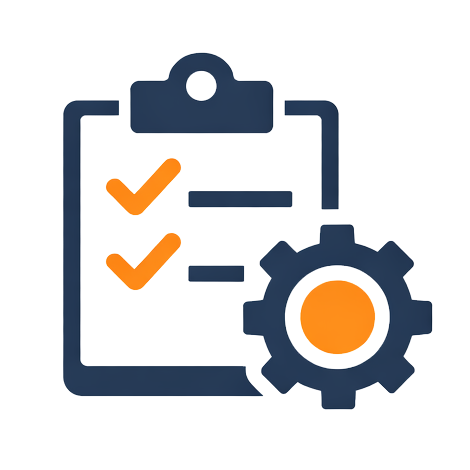 Illustration of a clipboard with a checklist, a gear icon, and a yellow folder.