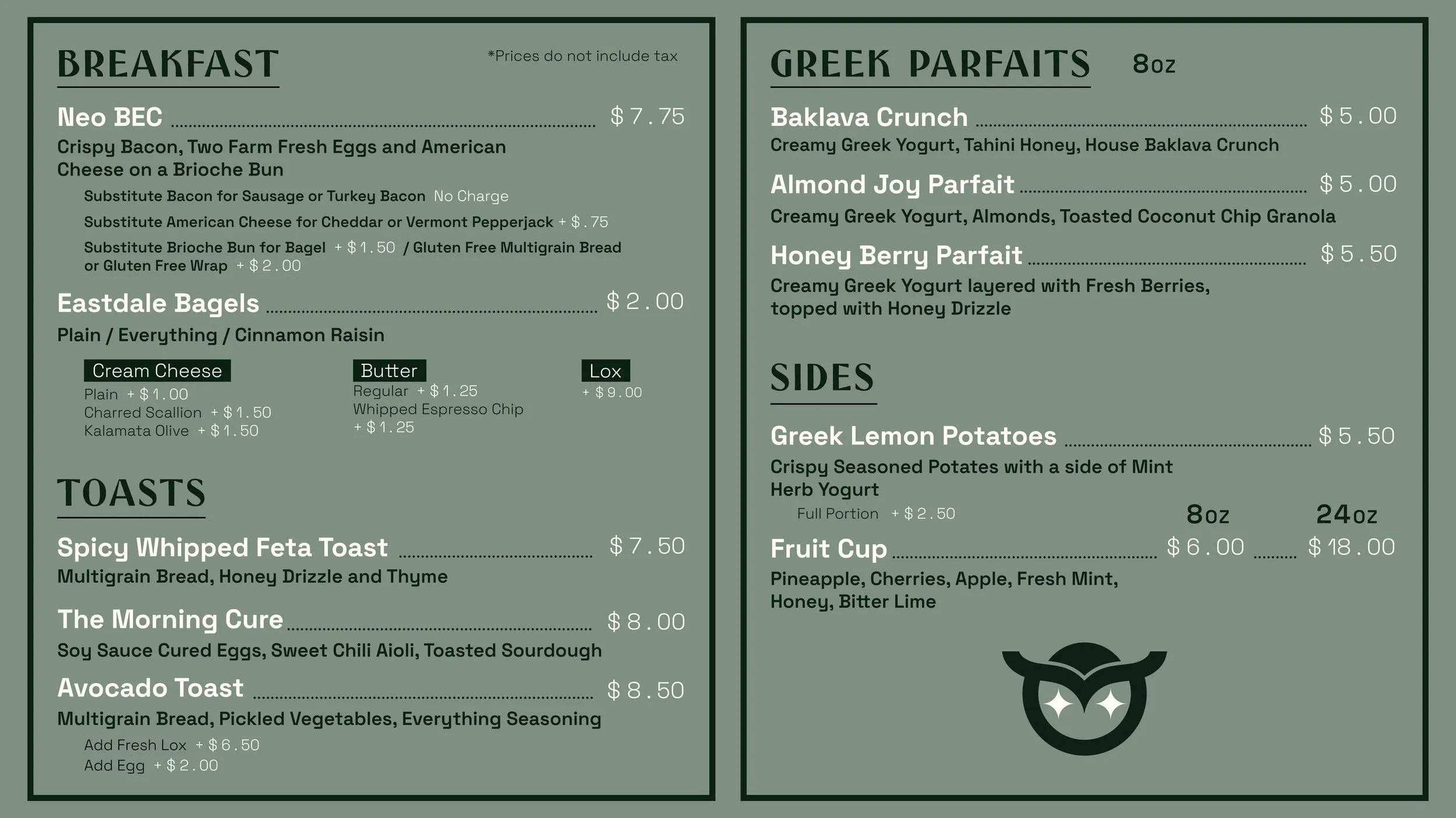 Menu with breakfast and Greek parfait options, including prices and descriptions.