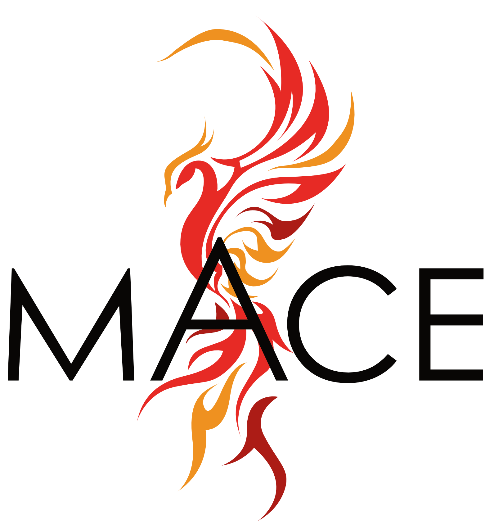 A stylized phoenix with red and orange flames and wings rising behind the word MACE in black letters.