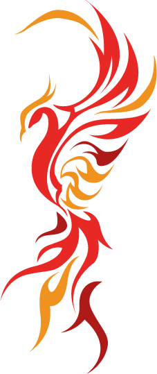 Stylized phoenix tattoo design in red, orange, and yellow colors with flames and feather details.