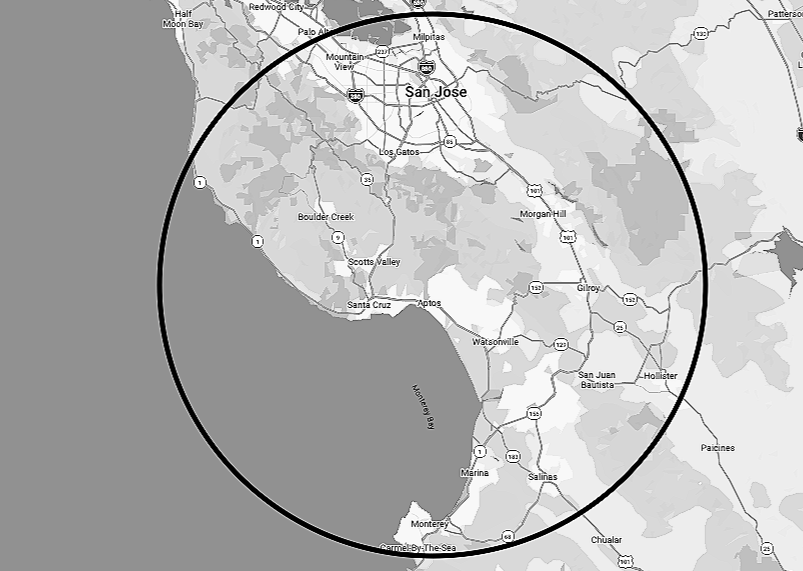 Map of the San Francisco Bay Area showing a circular coverage zone centered south of San Jose, including cities such as Santa Cruz, Watsonville, Monterey, Carmel, Gilroy, San Juan Bautista, Hollister, and parts of the surrounding region.