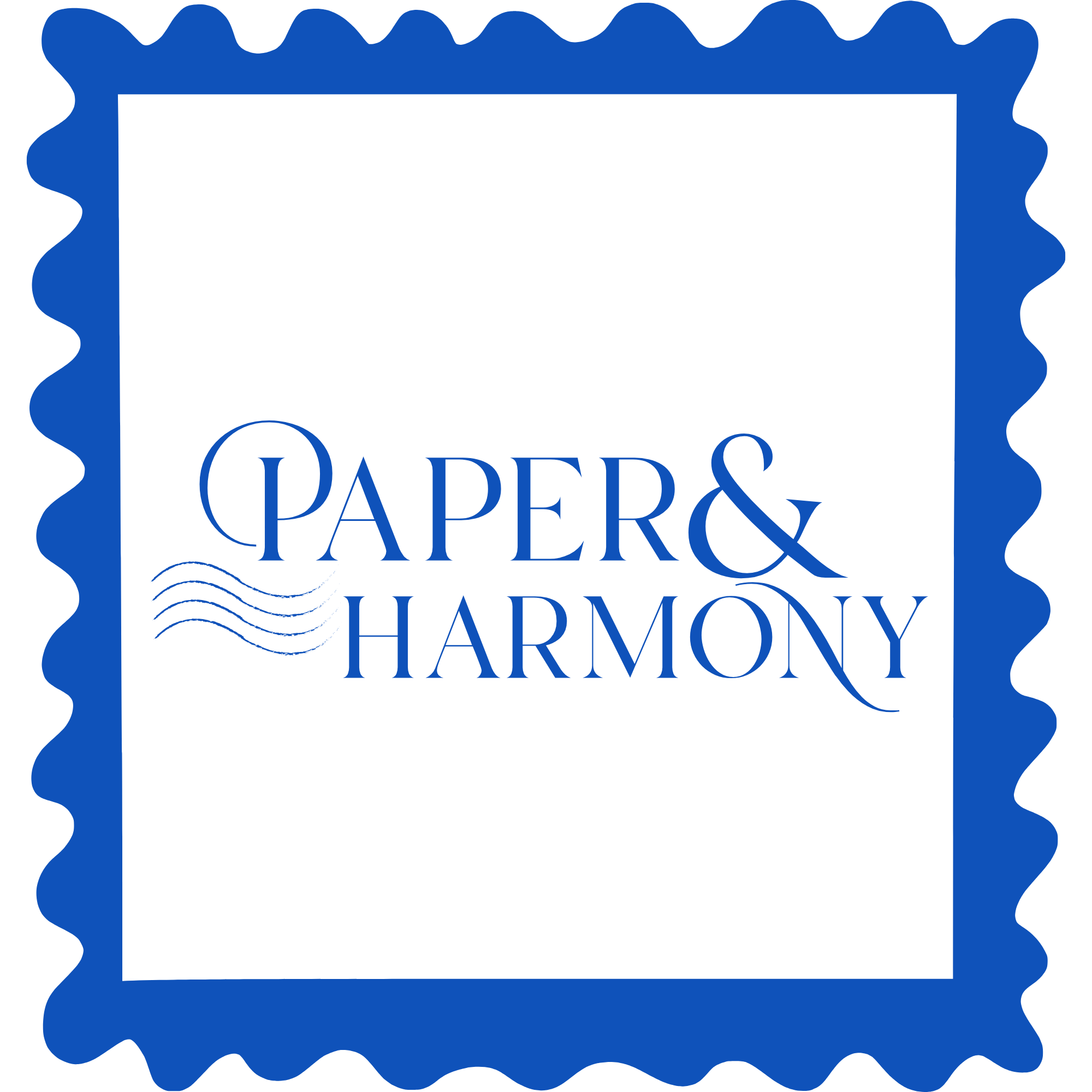 Design resembling a postage stamp with a blue wavy border and the words 'PAPER & HARMONY' in blue script font in the center.