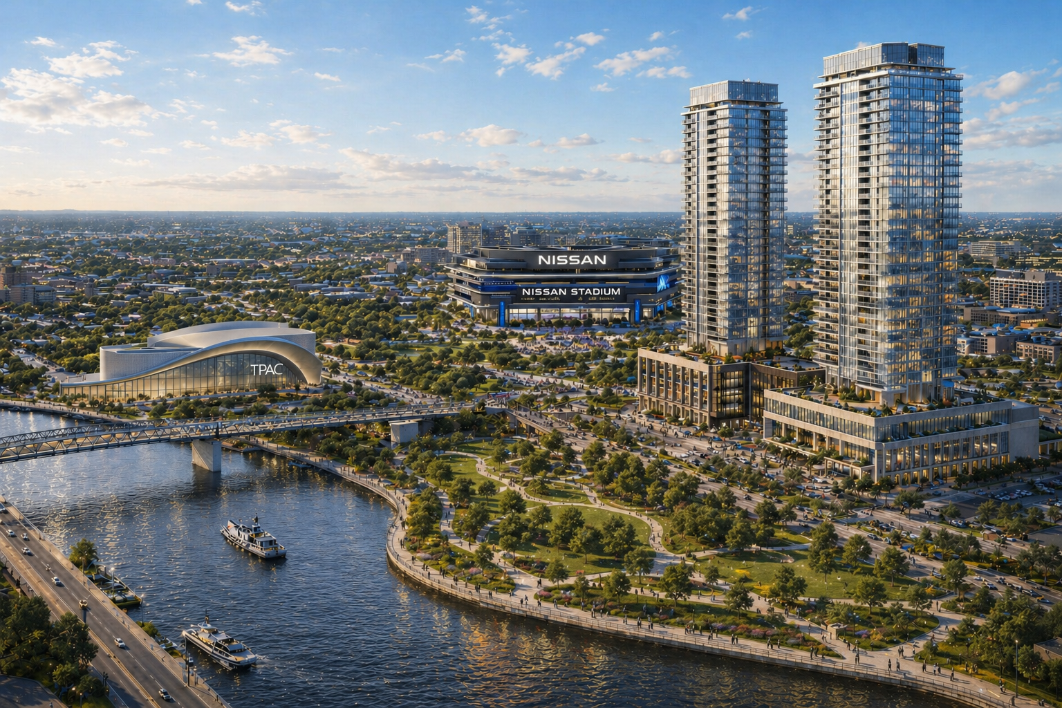 Aerial view of Nashville cityscape featuring a river with boats, a park with walking paths, a stadium with Nissan branding, and high-rise residential buildings.