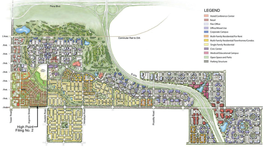 Land development map with various residential, commercial, and recreational areas.