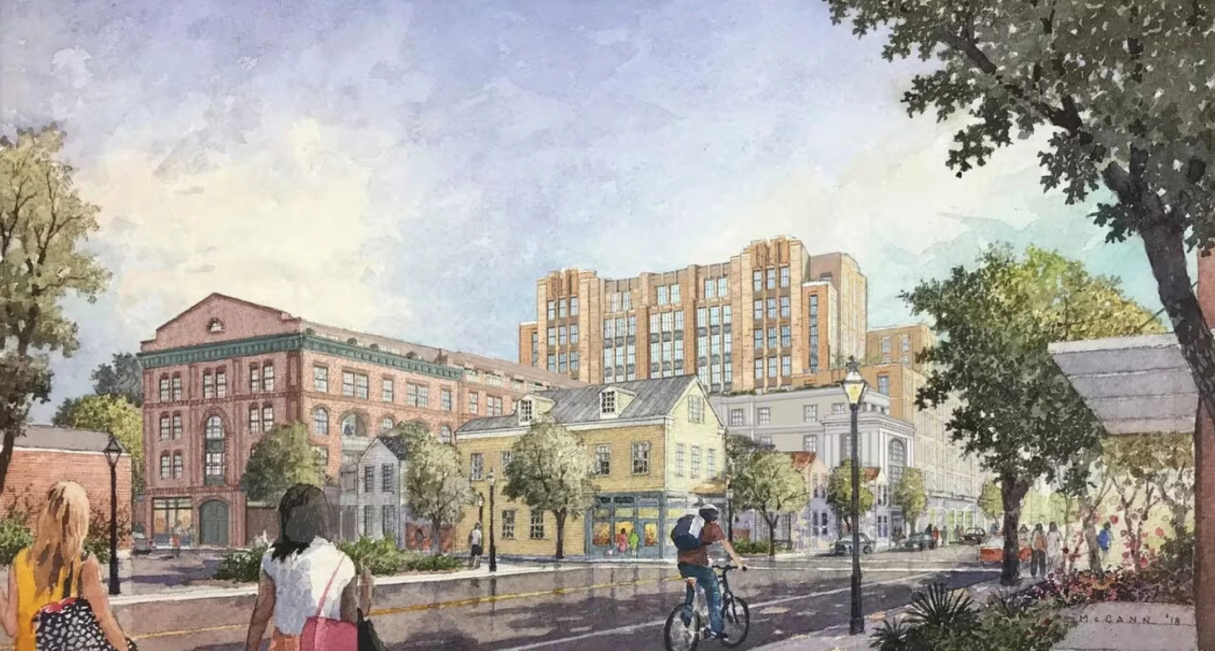 A watercolor of LC Line Street Multifamily Development in Charleston, SC showing a city street scene with trees, and historic brick buildings.