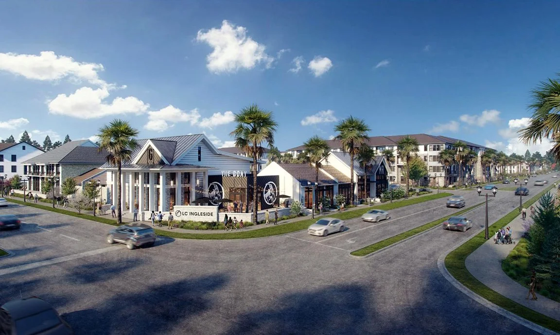 LC Ingleside multifamily development with palm trees, cars driving on the street, and residential buildings in the background.
