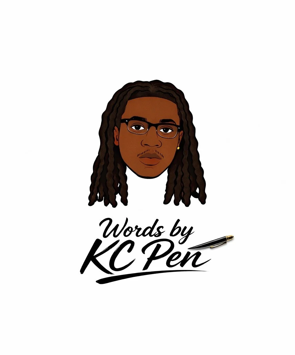 Illustration of a man with glasses and long dreadlocks, with the text "Words by KC Pen" and a pen underneath.