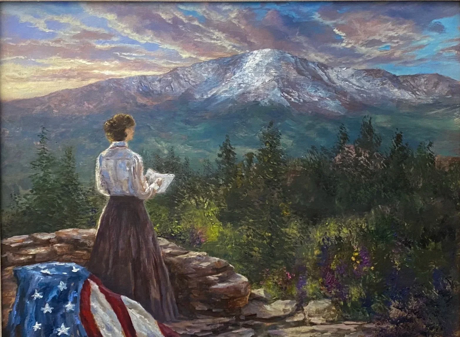 In Purple Mountain Majesty, I sought to portray not only the physical grandeur of Pikes Peak, but also the emotional stillness that can inspire reflection, gratitude, and creativity.  My painting is inspired by Katharine Lee Bates’ experience at Pike