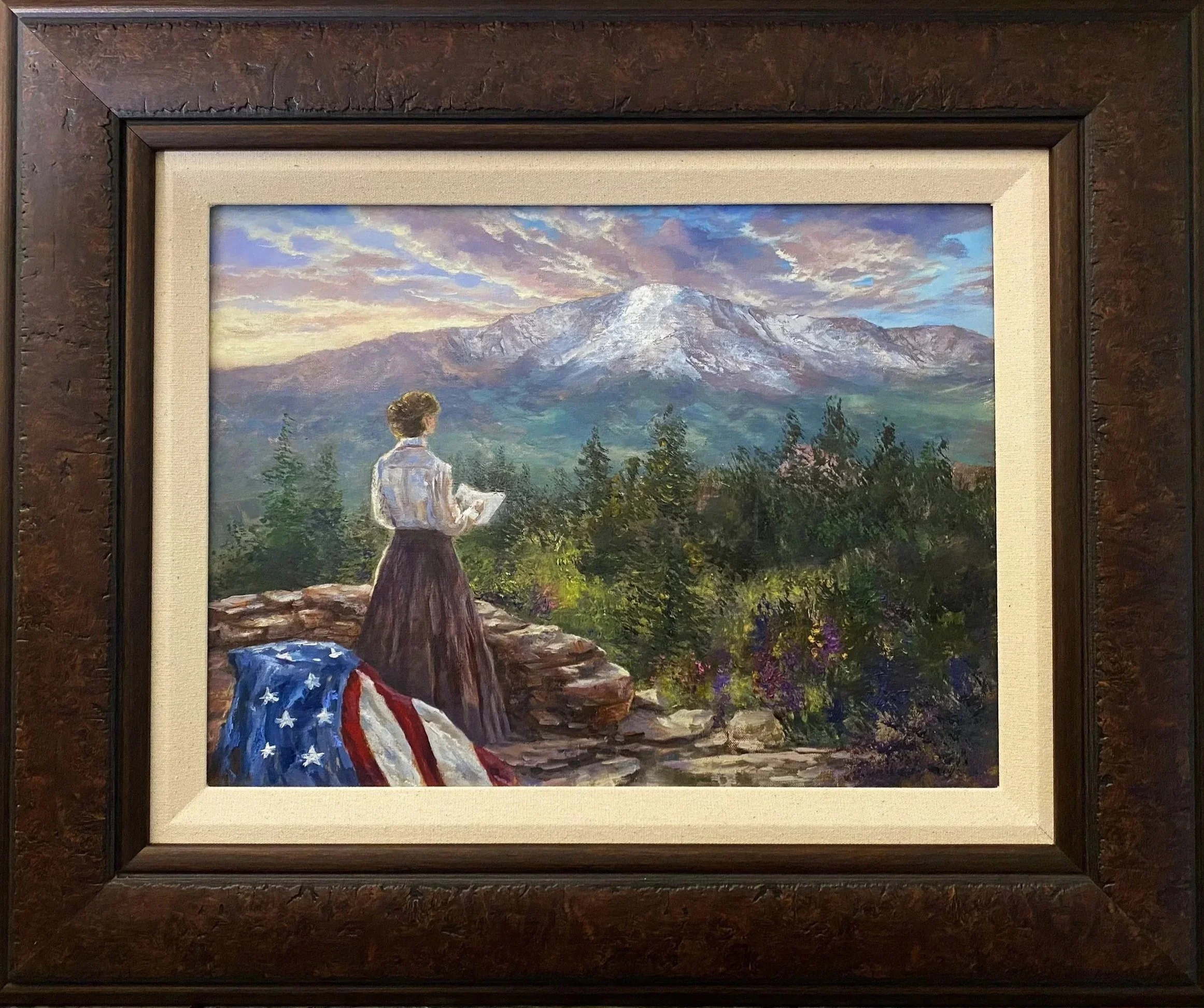 "Purple Mountain Majesty" 12x16 Inspired by Katharine Lee Bates' journey to Pikes Peak and the words that became America the Beautiful. Selected for exhibition at the Colorado Springs Airport through the Cottonwood Center for the Arts (2026) in celeb