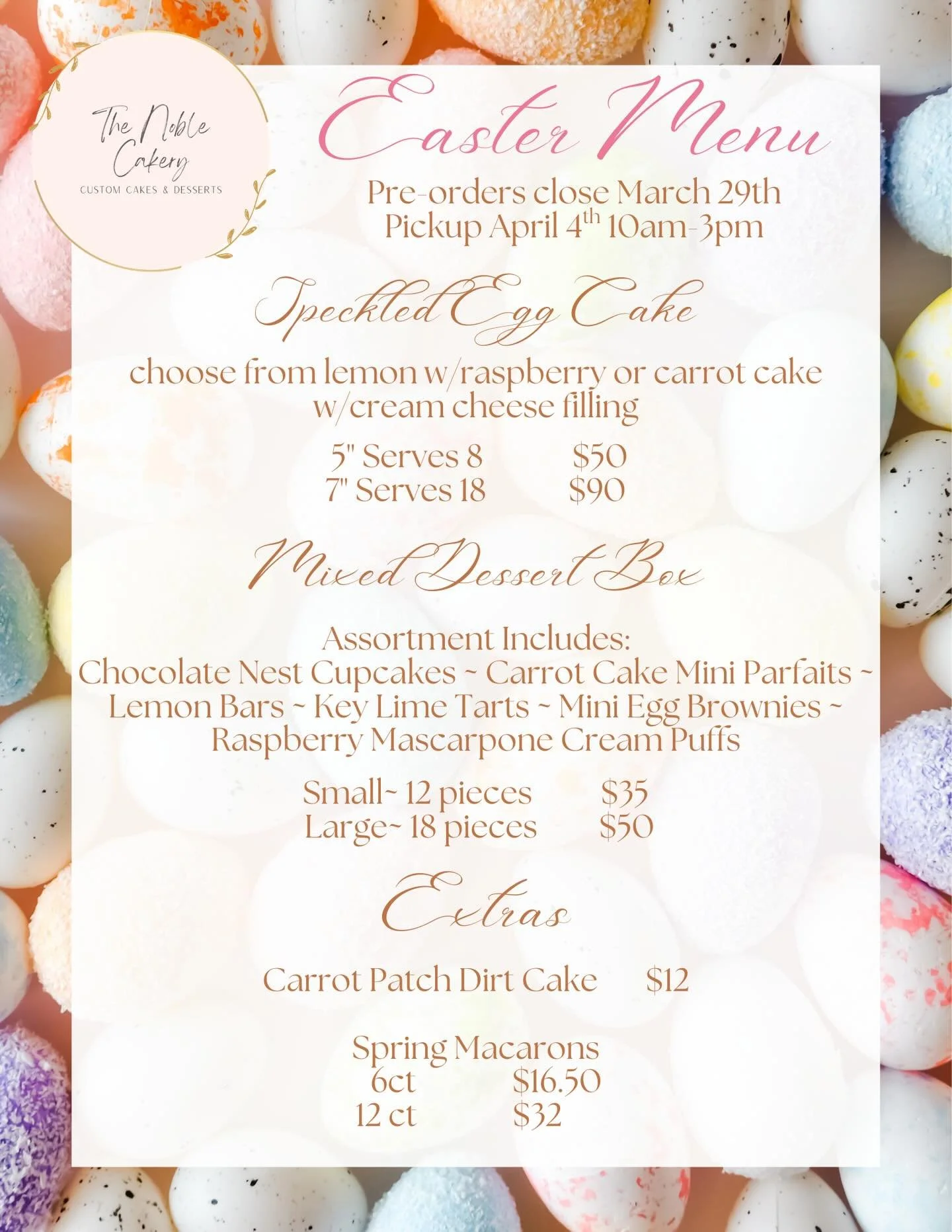 🐣🐰🪺Our Easter menu is live! Hop on over to our website to order your mixed dessert box, our classic speckled egg cake or some cutie carrot patch cakes. 

Order here➡️ https://the-noble-cakery.square.site/#XAFXOSJZOOVZR2IQQSR5BQIF

#oregonil #orego