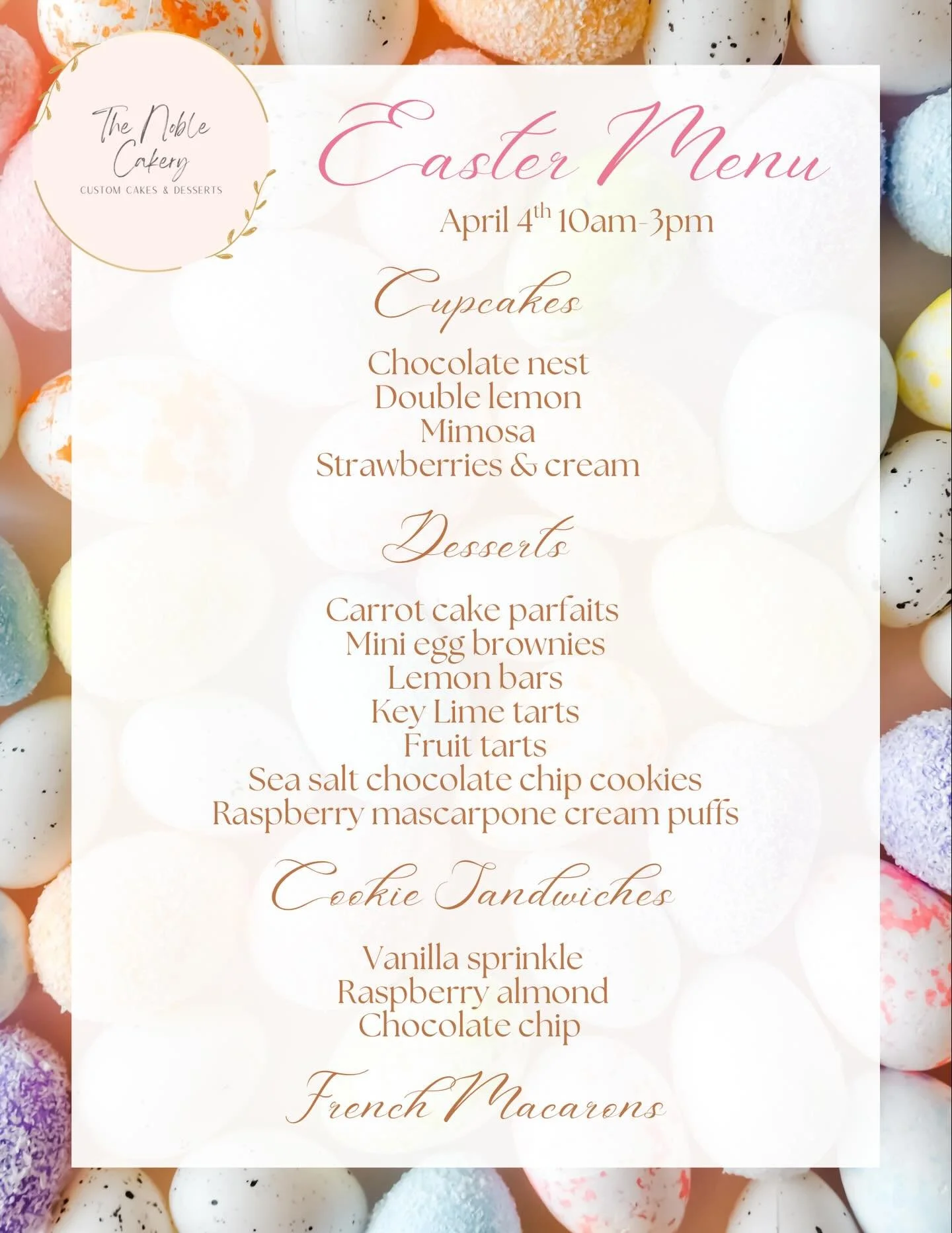 Our Easter sale is almost here! We will be open for retail Saturday ONLY! 10am-3pm. As always, we will have a limited quantity of each item so hop in early for the best selection.

See you soon! 🐰🪺