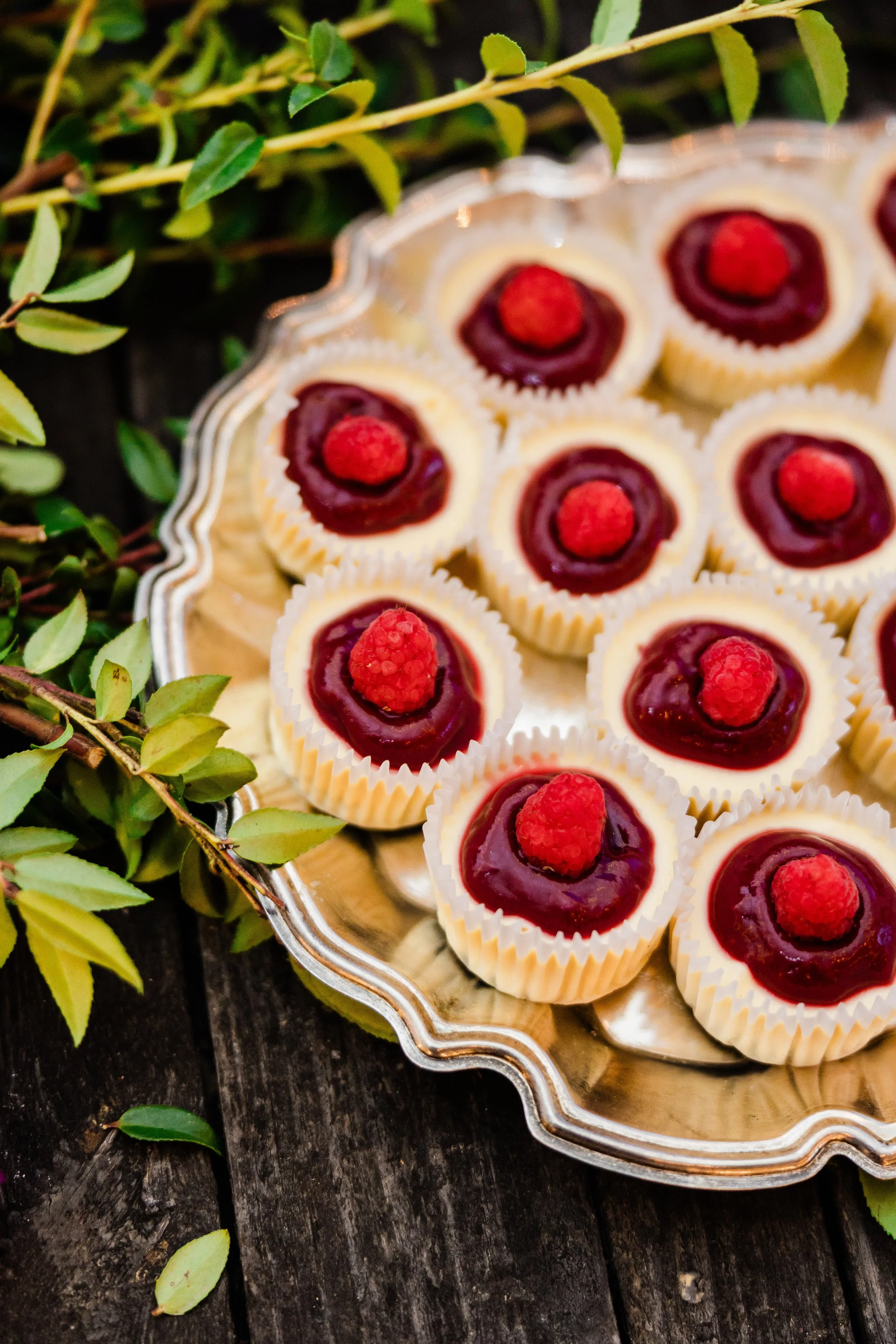Mini cheesecakes with raspberry topping and fresh raspberries on a silver platter, outdoors on a wooden surface with green foliage.