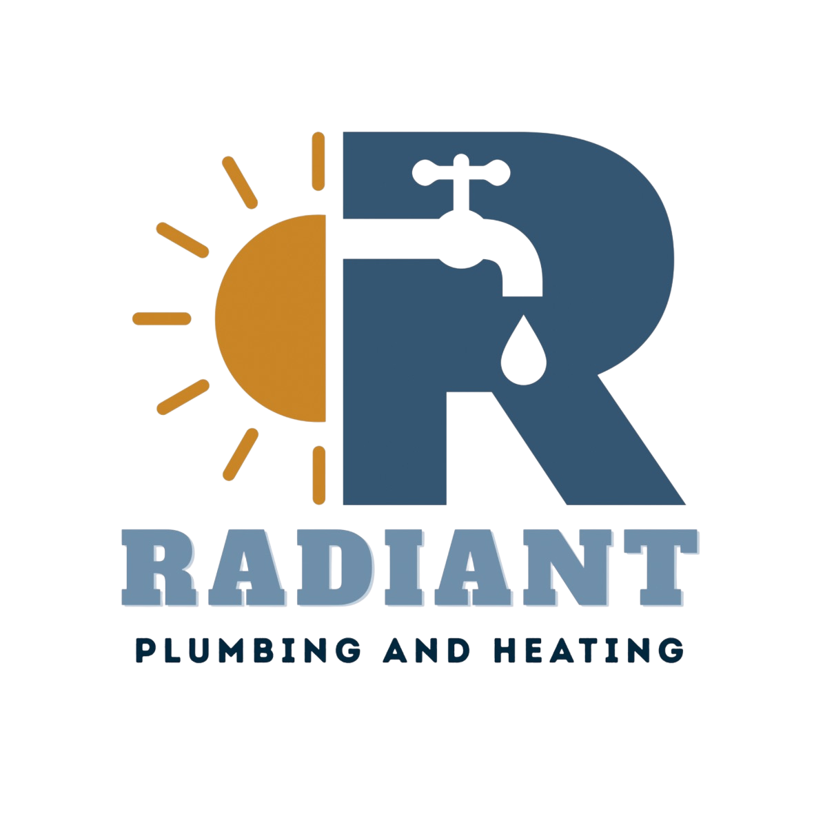 Logo for Radiant Plumbing and Heating, featuring a stylized sun and water faucet with a drop, and the company name in bold letters.