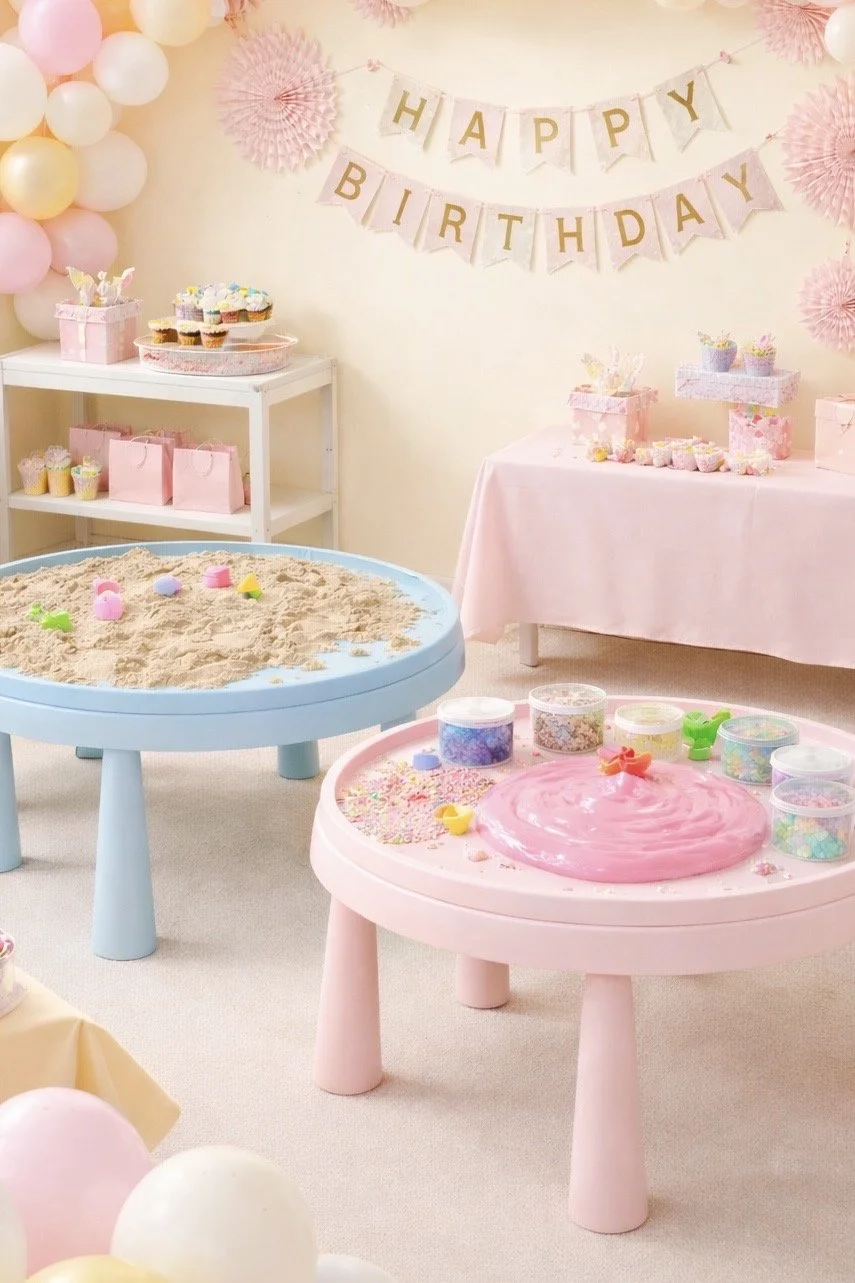 Decorated room for a birthday celebration with pink and blue tables, a 'Happy Birthday' banner, balloons, cupcakes, and sand art activity stations.