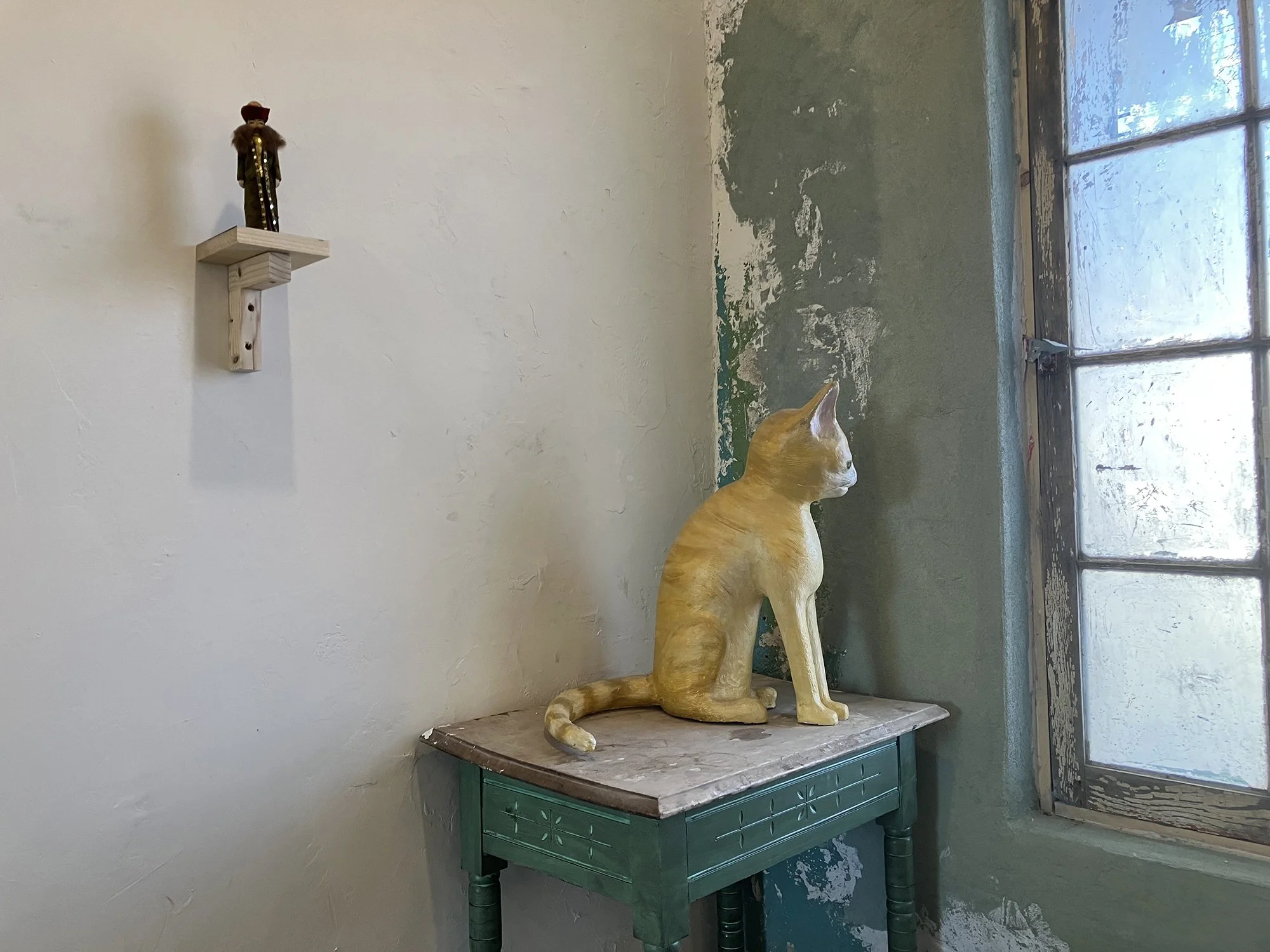 Kyrgyz figure,
1998, plaster, paint, felt, 7 x 2 x 1 1⁄2” inches, Andy Doherty,
Lantau Elk Cat,
2013, Styrofoam, paint, synthetic fiber, 20 x 17 x 12 inches
