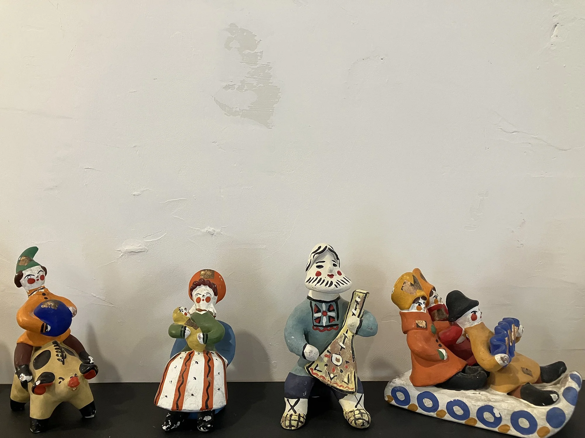 Dymkovo Figurines, Palekh, 1965, potter’s clay, river sand, chalk, tempera, approximately 5 x 2 x 2 inches