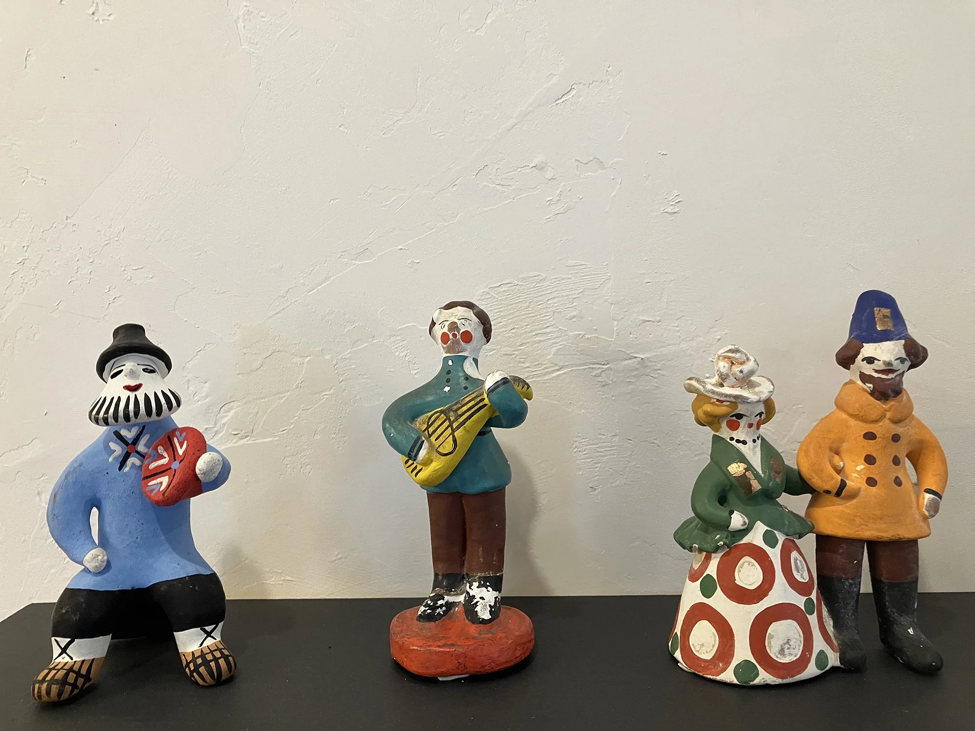 Dymkovo Figurines, Palekh, 1965, potter’s clay, river sand, chalk, tempera, approximately 5 x 2 x 2 inches