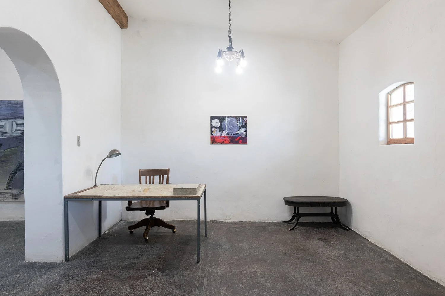 Installation view with Paul Whiting,  Two Seated Figures , 2024, oil, oil pastel, acrylic on Masonite, 22 x 28 inches
