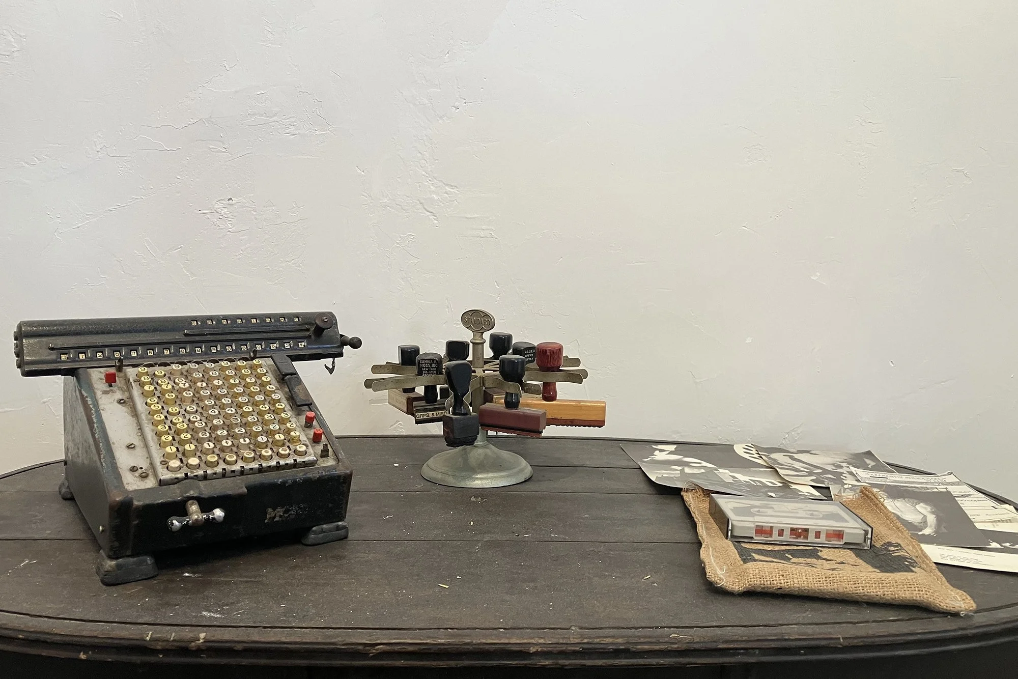 Monroe Model LA5-160x Calculating Machine 1948, metal, rubber, plastic, 6 1⁄2 x 9 1⁄2 x 6 1⁄2 inches, Associated Press Photo Library, Standard Rubber 8 Stamp Holder Carousel 1970, steel, rubber, wood, ink, 7 x 9 x 7 inches, Test Dept.
“ecstacy under 