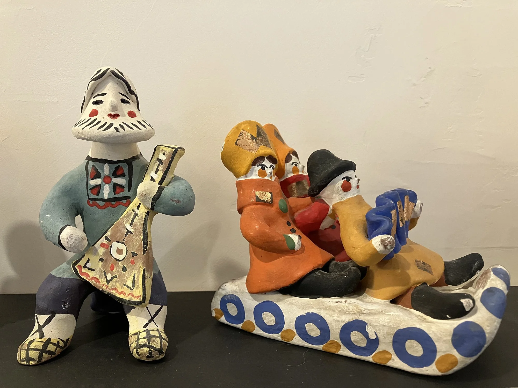 Dymkovo Figurines, Palekh, 1965, potter’s clay, river sand, chalk, tempera, approximately 5 x 2 x 2 inches