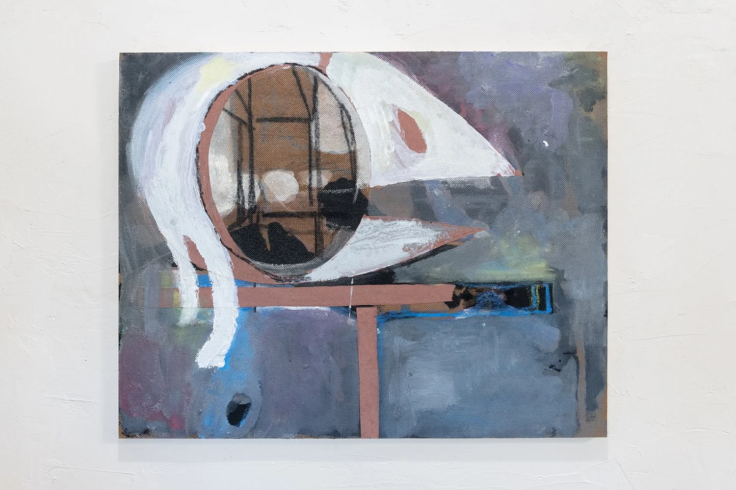 Paul Whiting,  Yellow Hair Bird Skull , 2026, gesso, charcoal, shellac, dispersion, collage on Masonite, 22 x 28 inches
