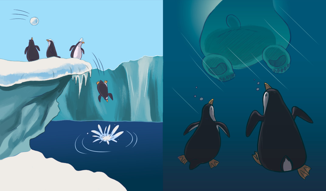 Final spread art.
On the left, penguins dodging a snowball line up on an snowy cliff, then plunge with a splash into the deep blue water below.

On the right, two penguins swim through the dark water, looking up at the feet and tail of the polar bear