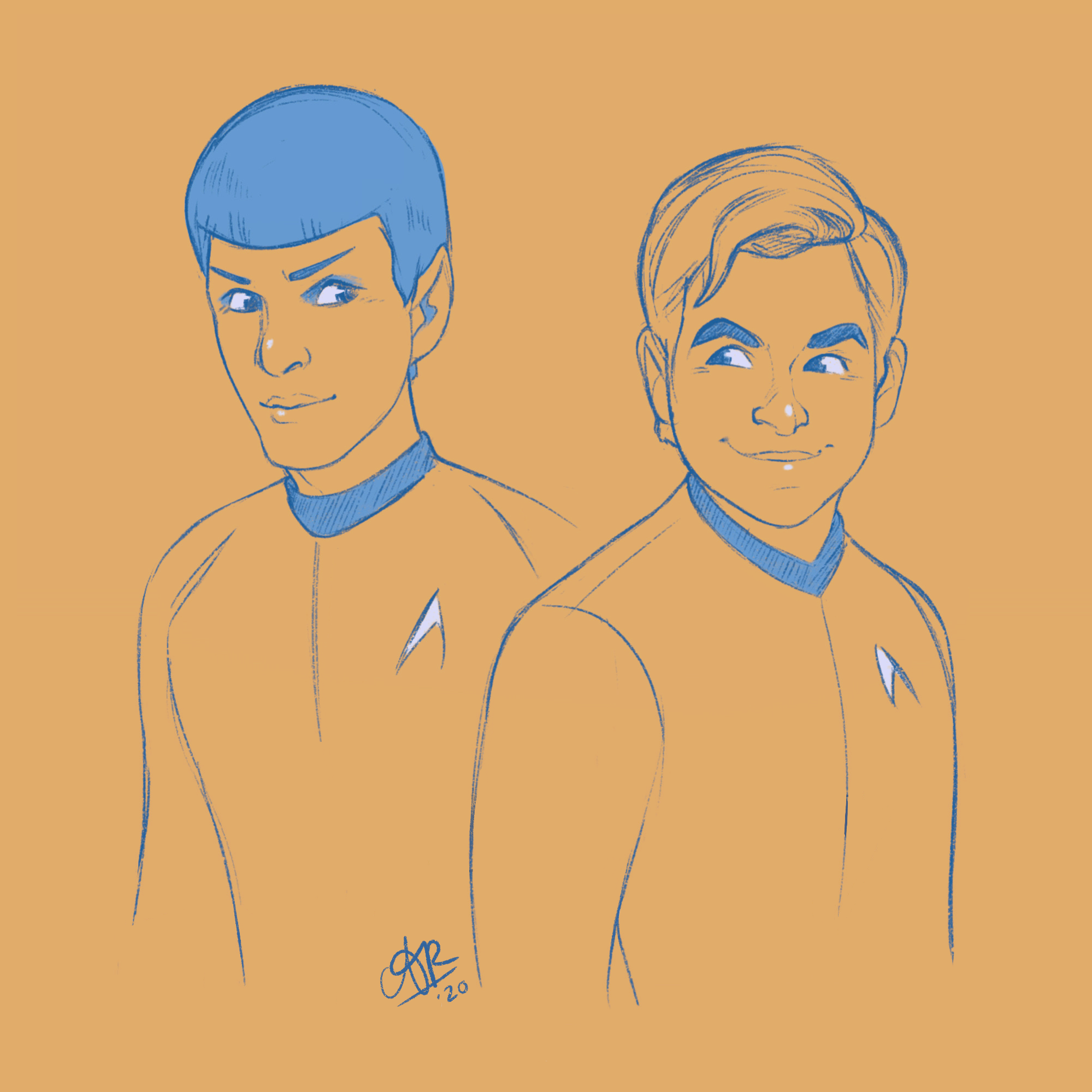 T'hy'las.

Digital, stylized line art sketch of Zachary Quinto as Spock and Chris Pine as Jim Kirk. They are standing side by side and smirking mischievously at one another.