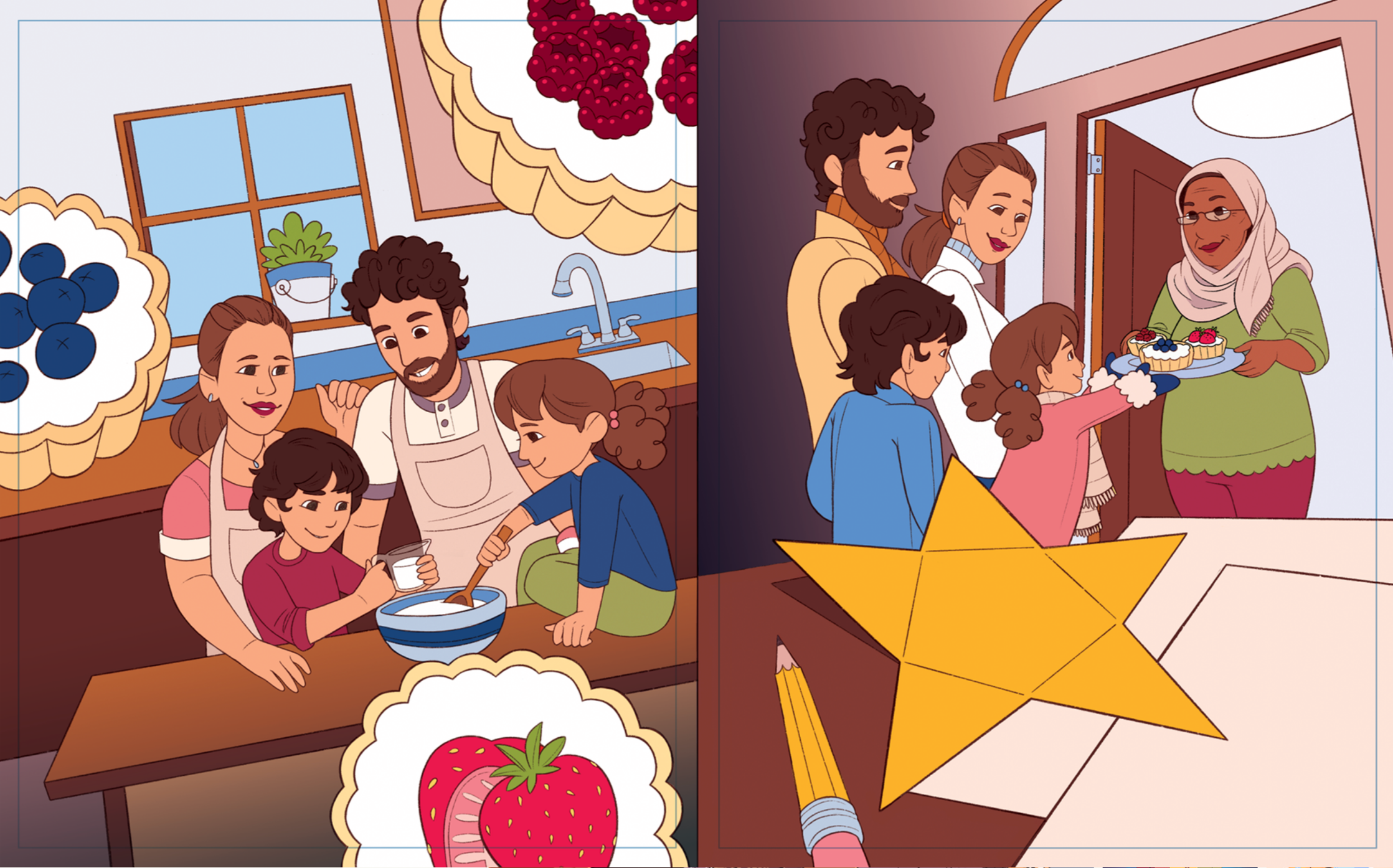 Final spread art.

A white French family is gathered around the island in their kitchen, baking together. The foreground is accented with detailed berry tarts.
On the next page, the family delivers the baked goods to a neighbor who is wearing a heads