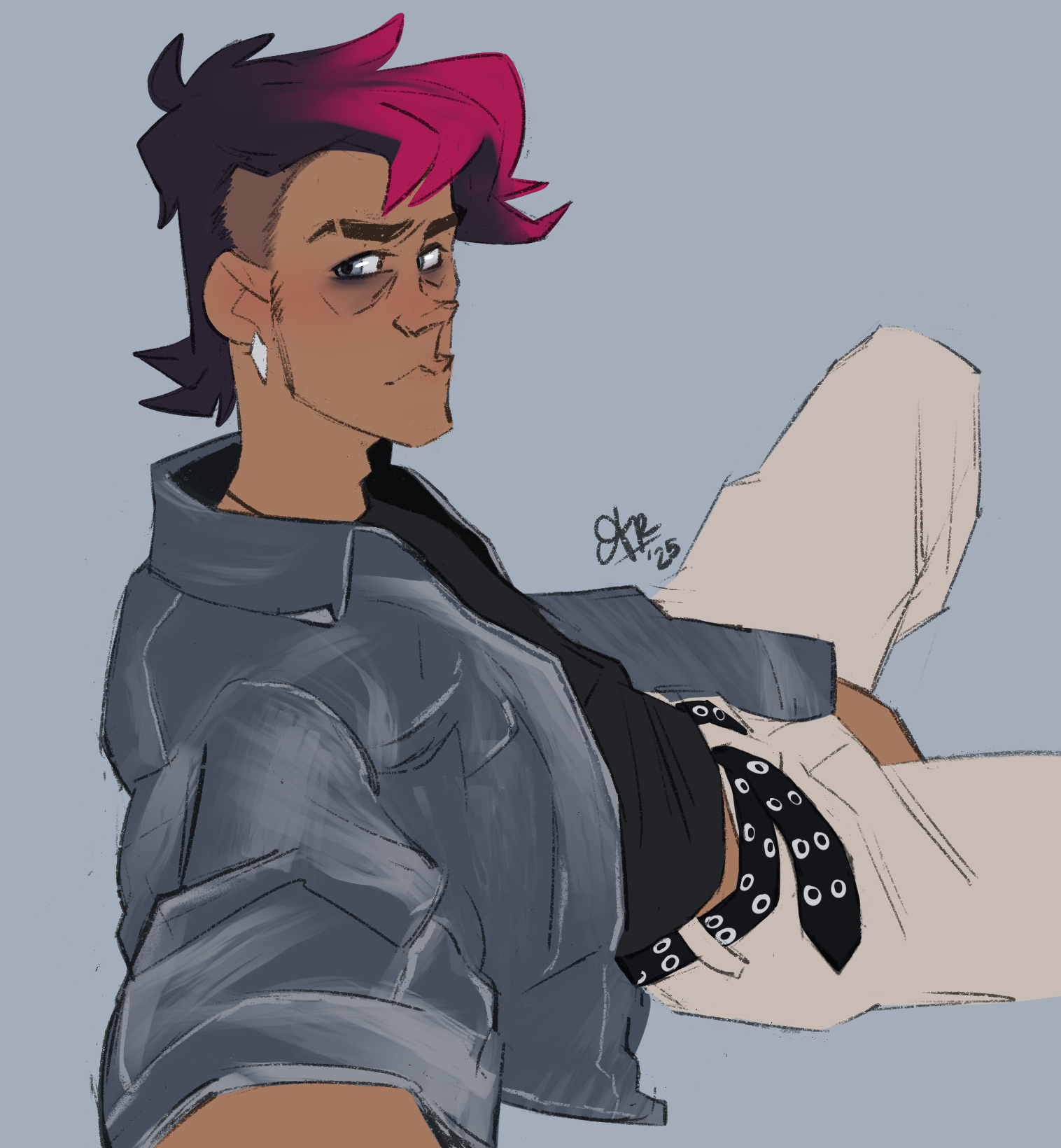 Rylan, in repose.

Digital colored sketch of a punk-y kinda guy with light brown skin, and a dark mullet with the front dyed pink. He's lounge-sprawling on the ground while scowling at the camera as if taking a selfie, with angular face features, and