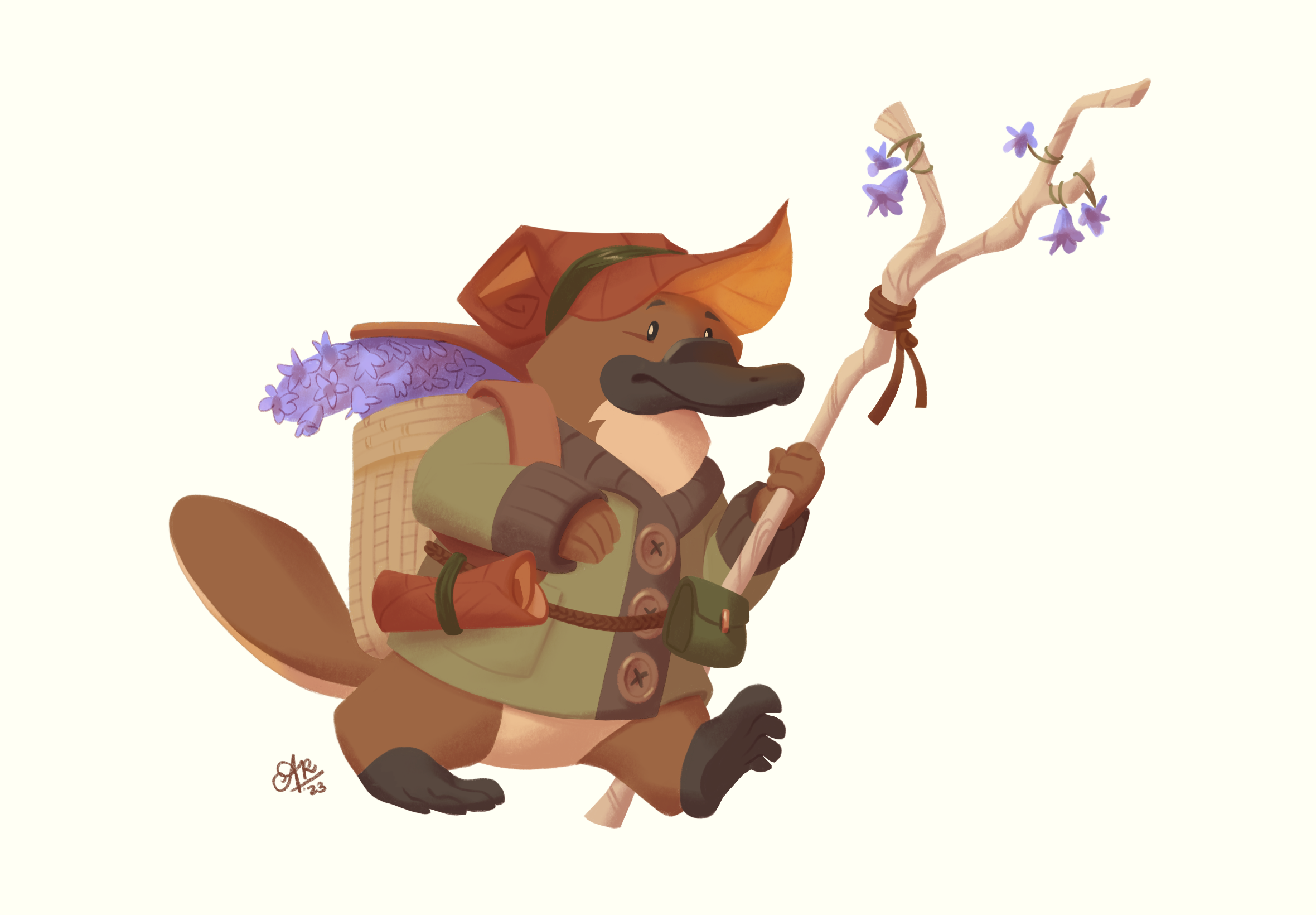 The Explorer.

A cartoon digitally painted platypus, in warm, earthy colors. He's standing upright and wearing a basket backpack, leaf hat, and sage-green sweater with chunky buttons. A leaf scroll and pouch are tied around his waist. He's using a br