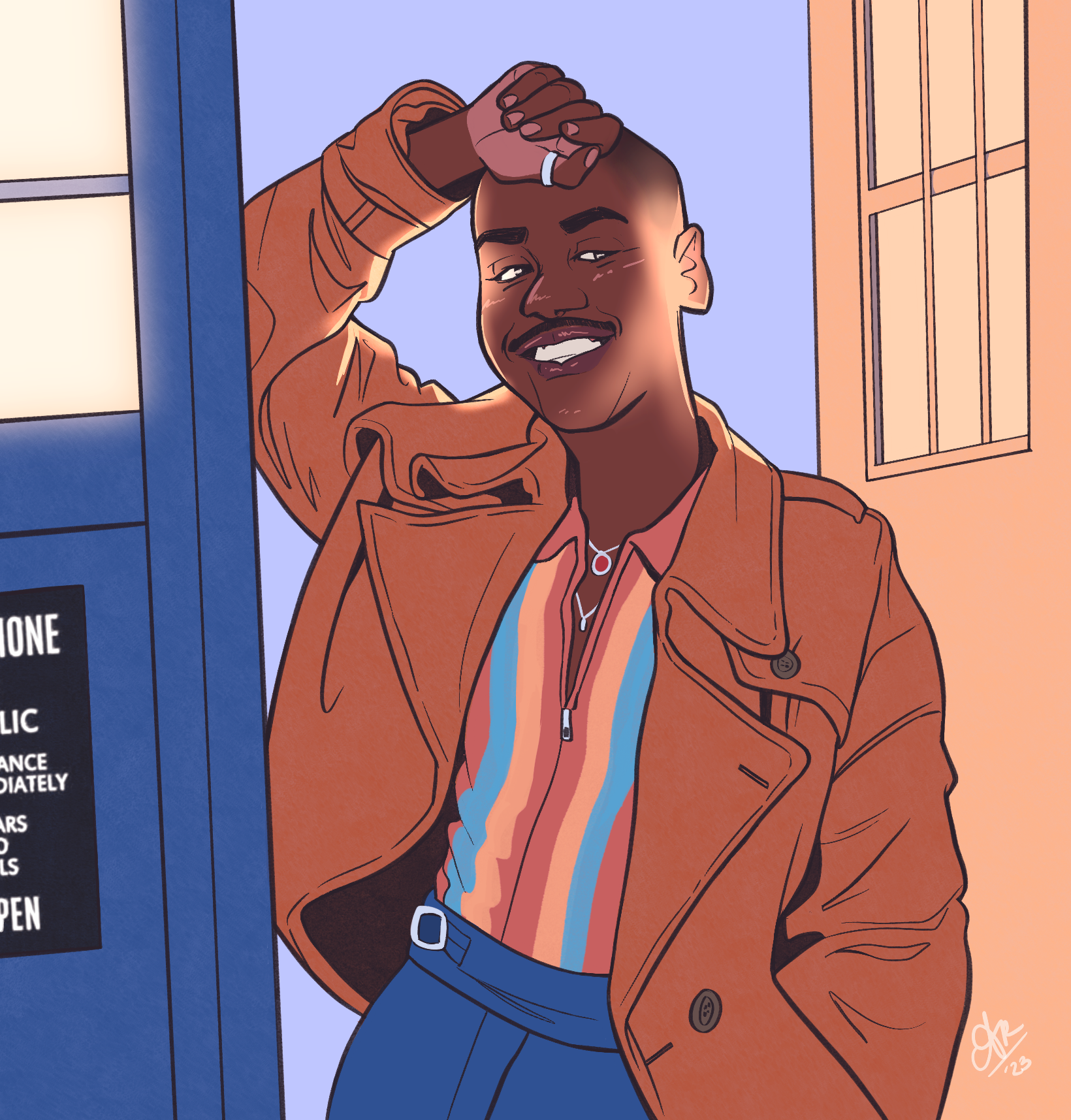 Drawing of Ncuti Gatwa as The Doctor. A Black man in an orange leather coat, striped zip-up top, and blue trousers is leaned up against the open doors of the TARDIS (a blue police box).