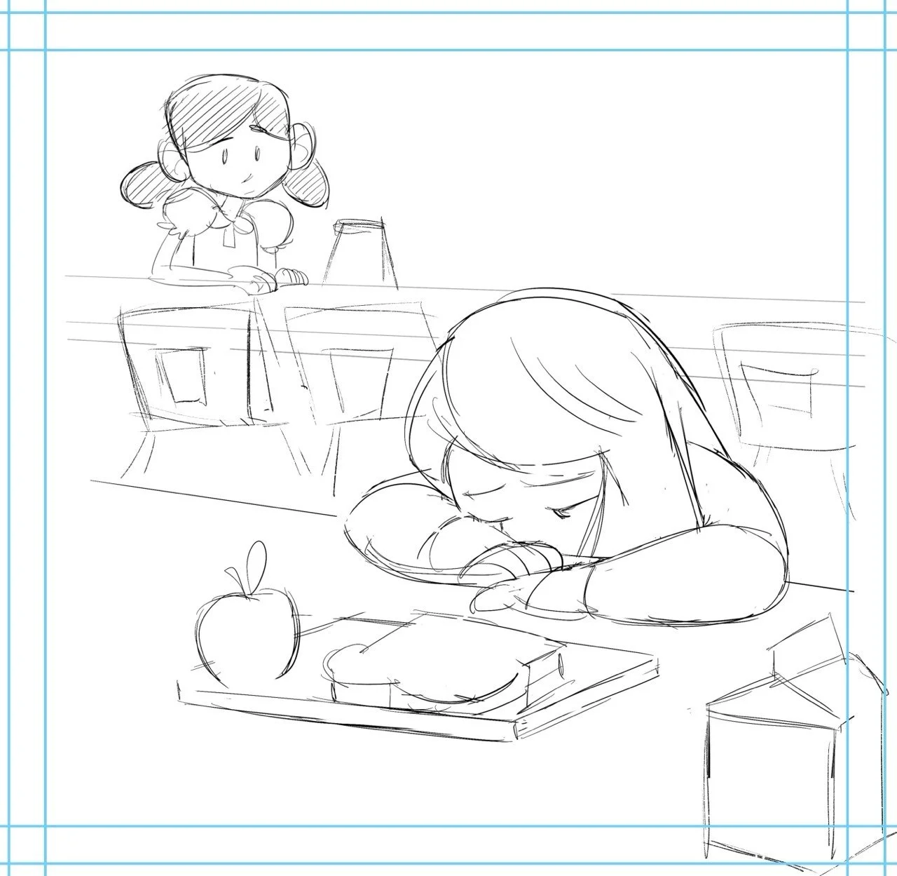 Preliminary page sketch.

The main character, at a table in the background, notices a girl at another table, sitting sadly in front of her untouched lunch tray.