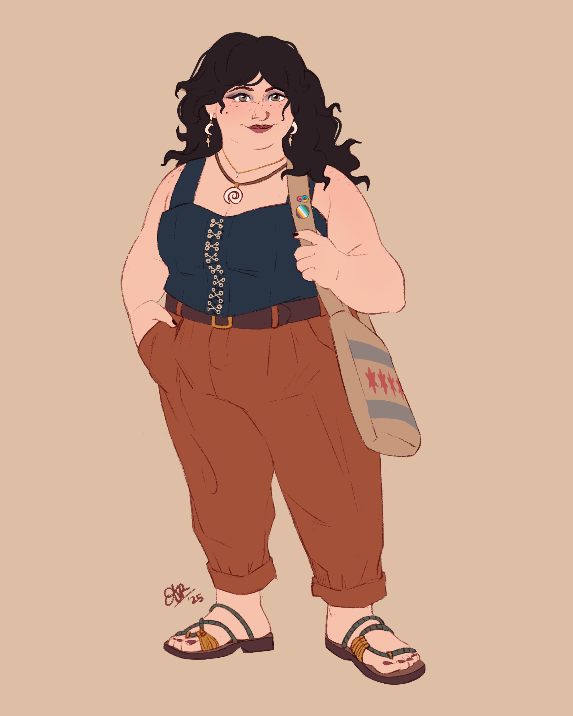 Seren.

Digital, flat-colored, full-body portrait of a fat white woman. She has curly dark hair and green eyes, and is wearing a dark blue sleeveless top and high-rise autumny-orange canvas pants, with rope sandals. She is also adorned with a pair of