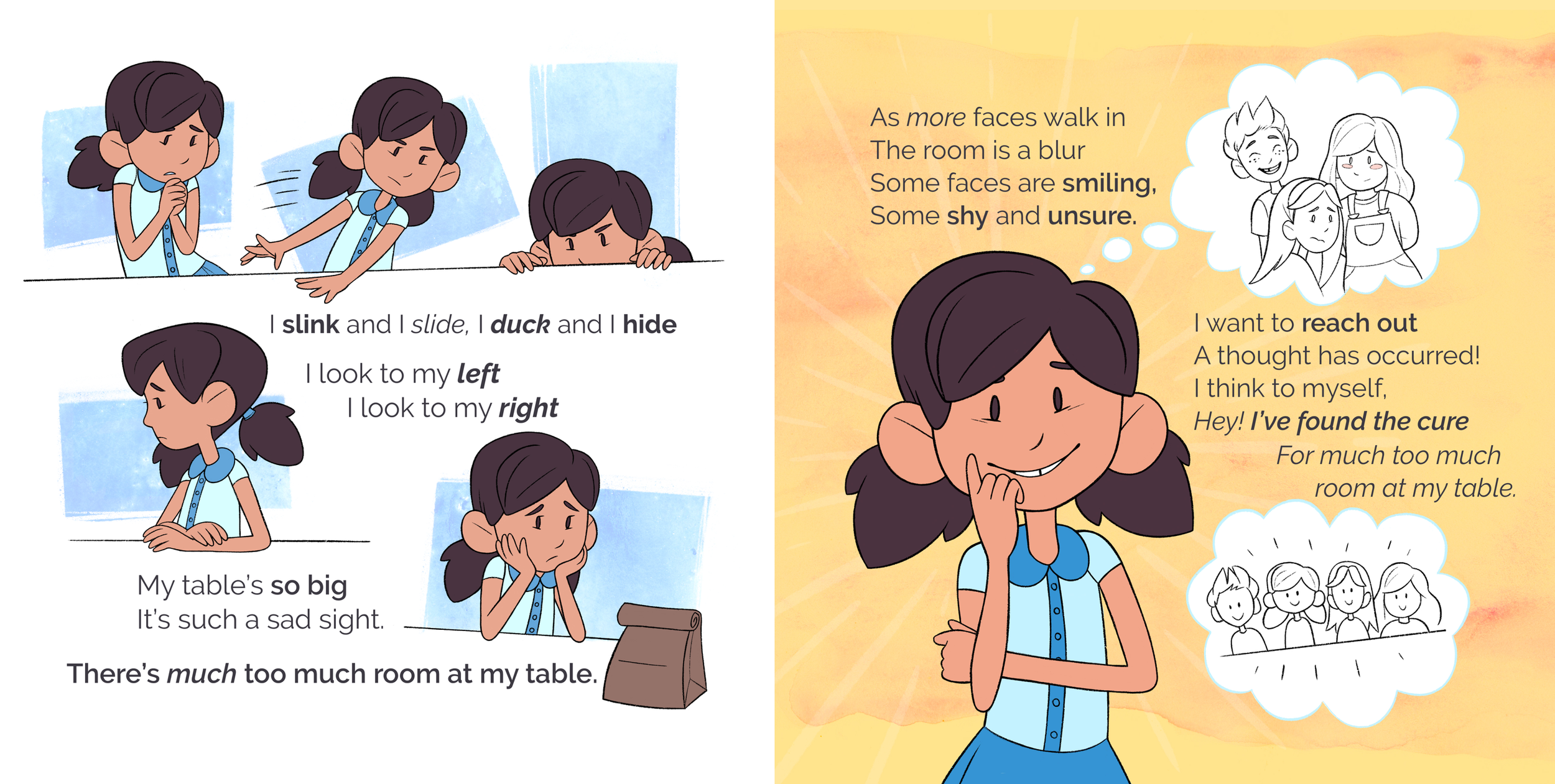 Final spread art.

"I slink and I slide, I duck and I hide / I look to my left / I look to my right / My table's too big / It's such a sad sight. / There's much too much room at my table."
The rough sketch from earlier is now finished with line art a