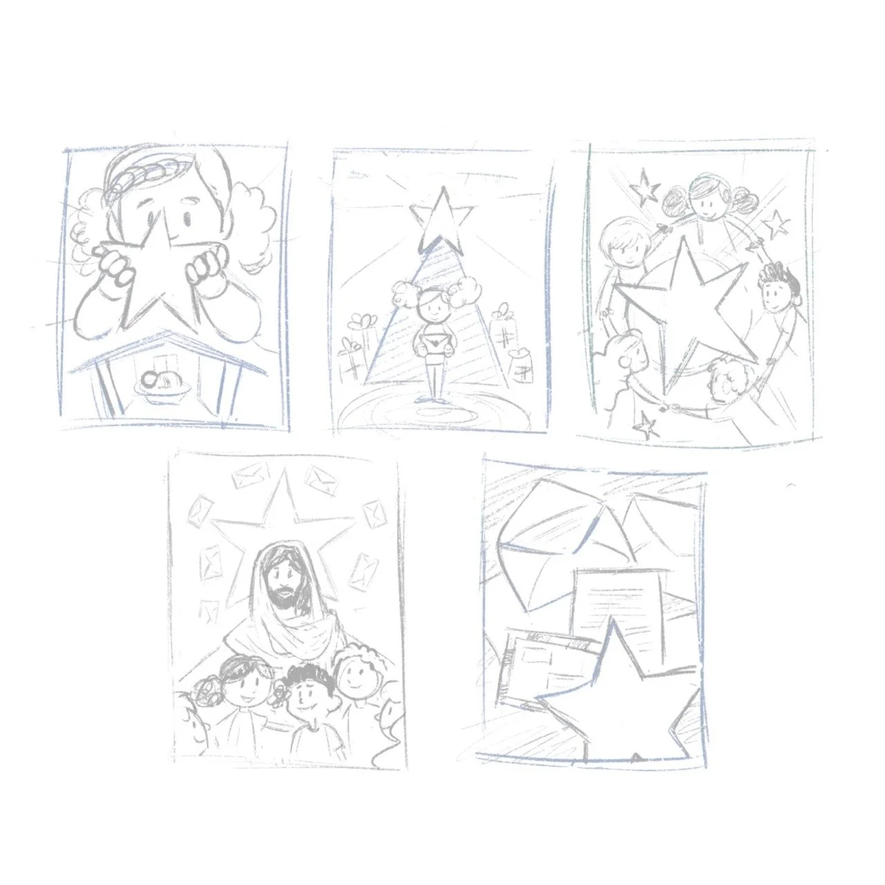 Five cover thumbnails.
#1: a close-up of a girl with a braid and afro puffs, holding a large star above a Nativity set.
#2: A girl silhouetted by a Christmas tree, with a large star at the top.
#3: Children holding hands in a circle, around a large s