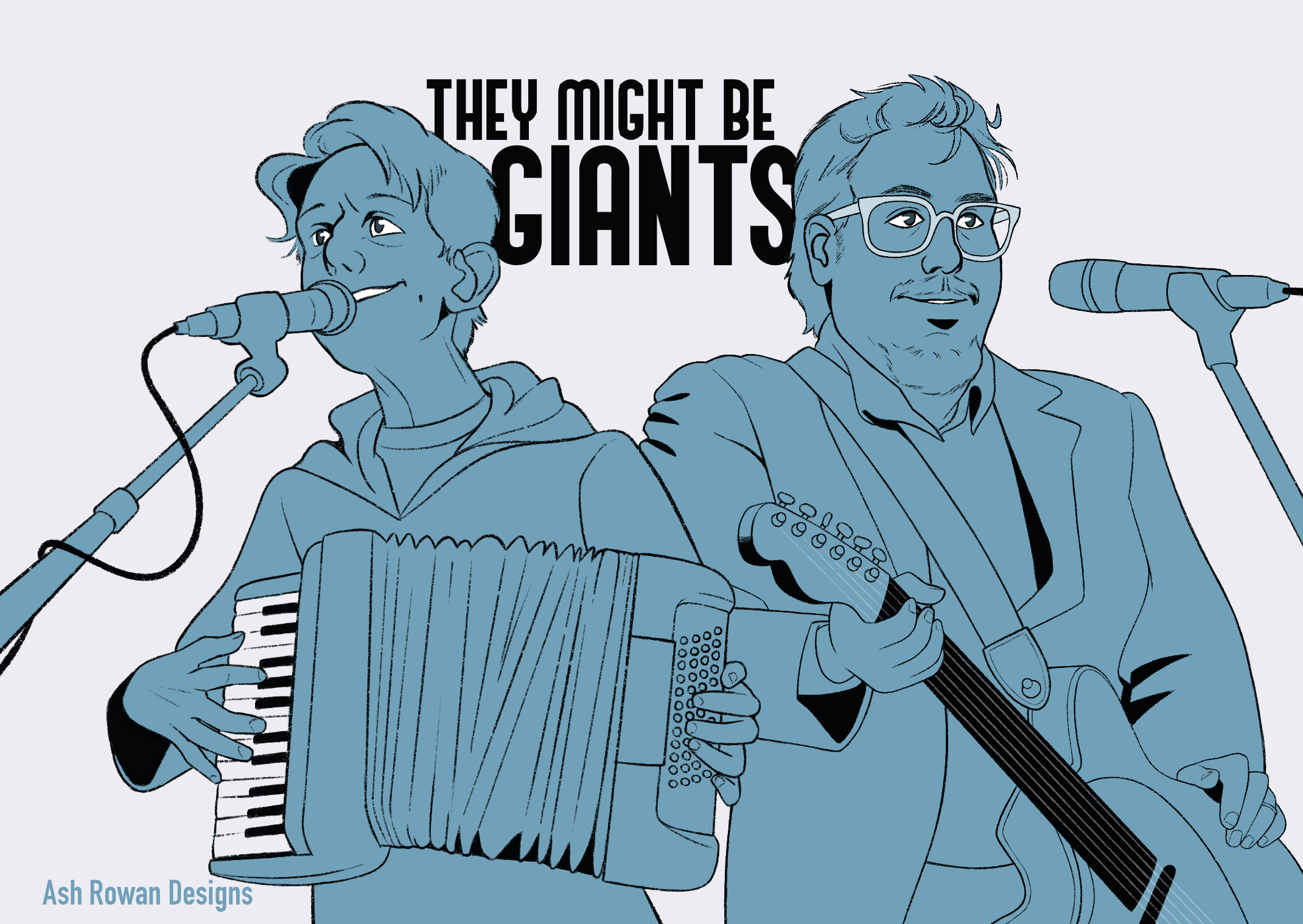 They Might Be Giants.

Stylized line drawing of John Linnell and John Flansburgh. They are filled in with flat blue color and black/white accents, side by side and facing opposite directions. Respectively, they're each holding an accordion and a guit