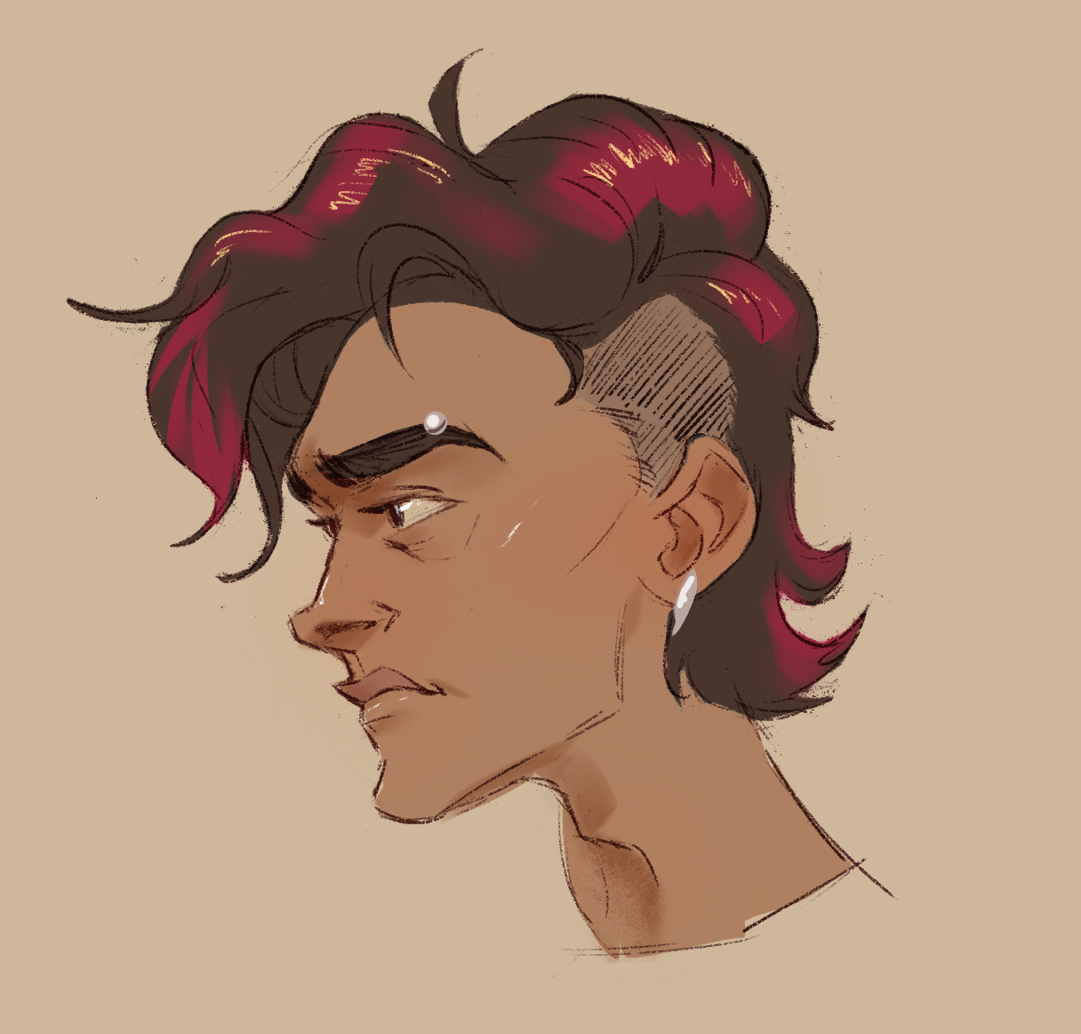 Rylan.

Digital portrait drawing: a profile view of a man with light brown skin, dark brown mullet-y hair with red highlights, thick eyebrows with one pierced, and angular features, looking pensive and perhaps a bit angsty.