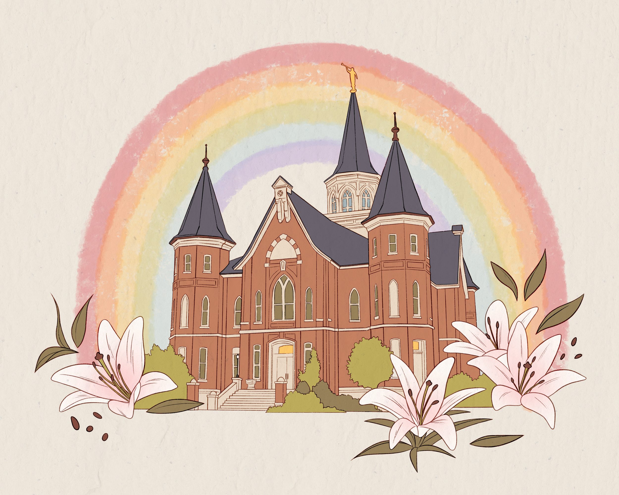 Provo City Center Temple. (Client commission).

The rust-orange colored building with steeples is encircled about by a rainbow, and tiger lily details in the foreground (the favorite flowers of its architect, Laurie Lee Hall).