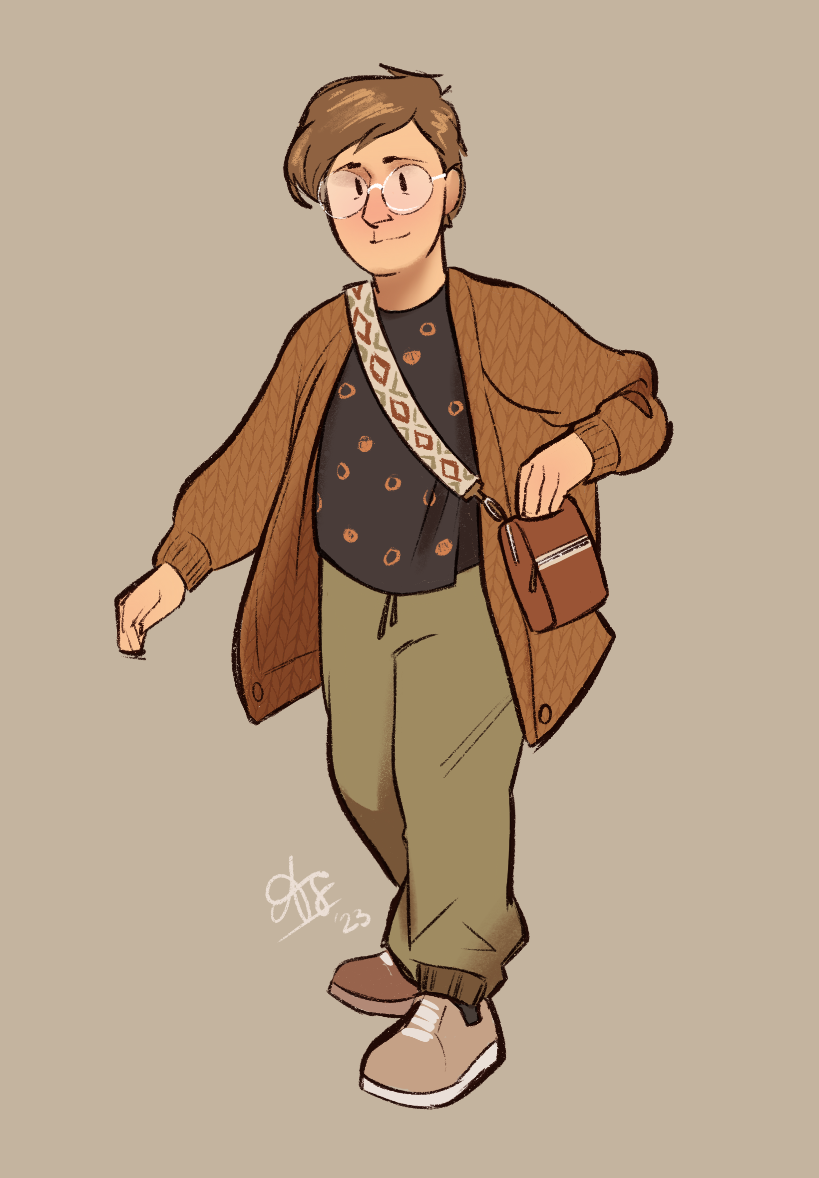 Ash.

Full body stylized digital drawing of the artist, wearing an outfit in autumn colors.