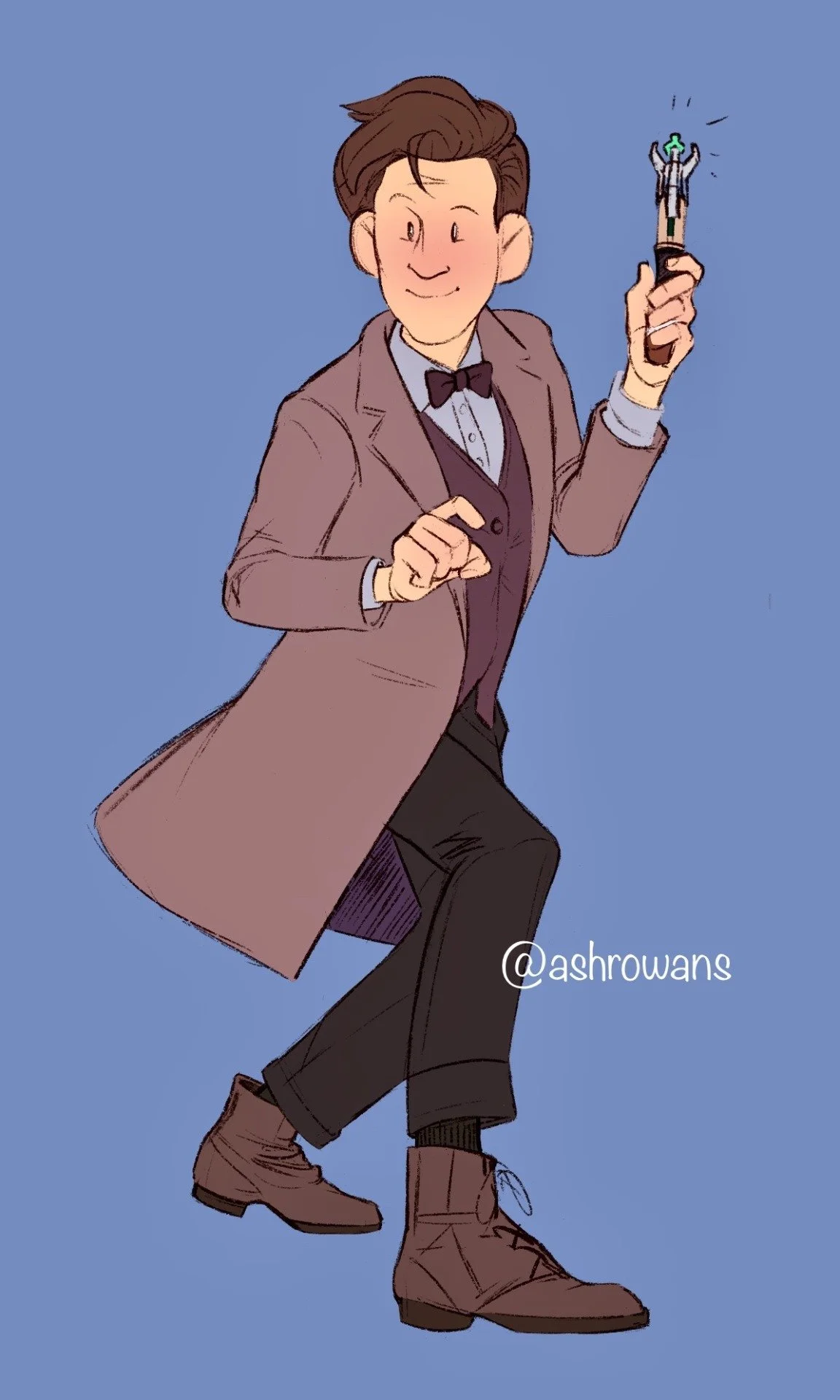 Eleven.

Stylized/cartoonish digital sketch of Matt Smith as the Eleventh Doctor. He is standing in somewhat of an action pose, brandishing his sonic screwdriver, and wearing a vest, long suit coat, and signature bowtie, while his boots are poised on
