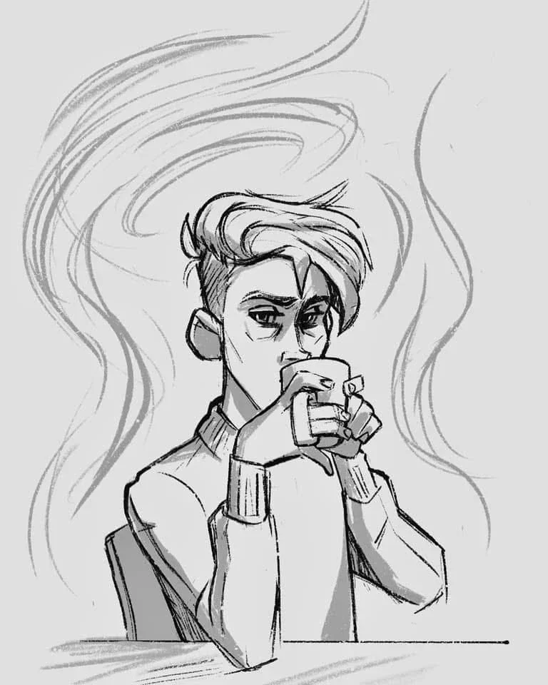 Monochrome digital sketch of a man in a sweater with an undercut haircut, holding up a mug to his mouth with a distant/pensive expression, as symbolic swirls of steam curl up all around him in the background.