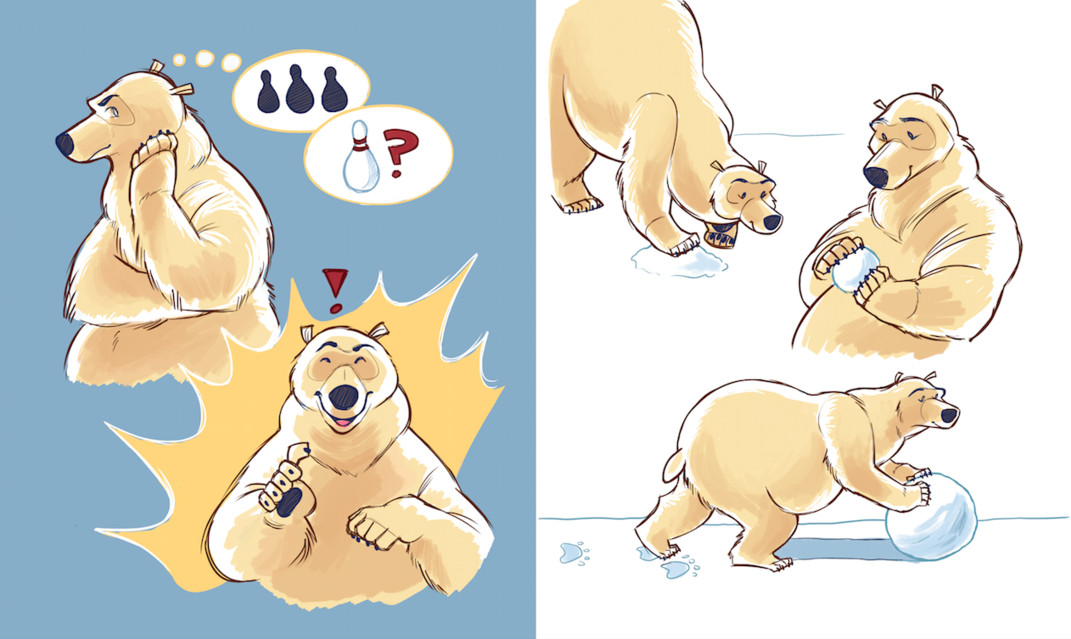Final spread art.

The polar bear ponders, imagining the mysterious silhouettes he saw, and questioning if they are bowling pins. Then, he has an idea!

Now in full color, three poses of the main polar bear character: reaching down to scoop up snow, 