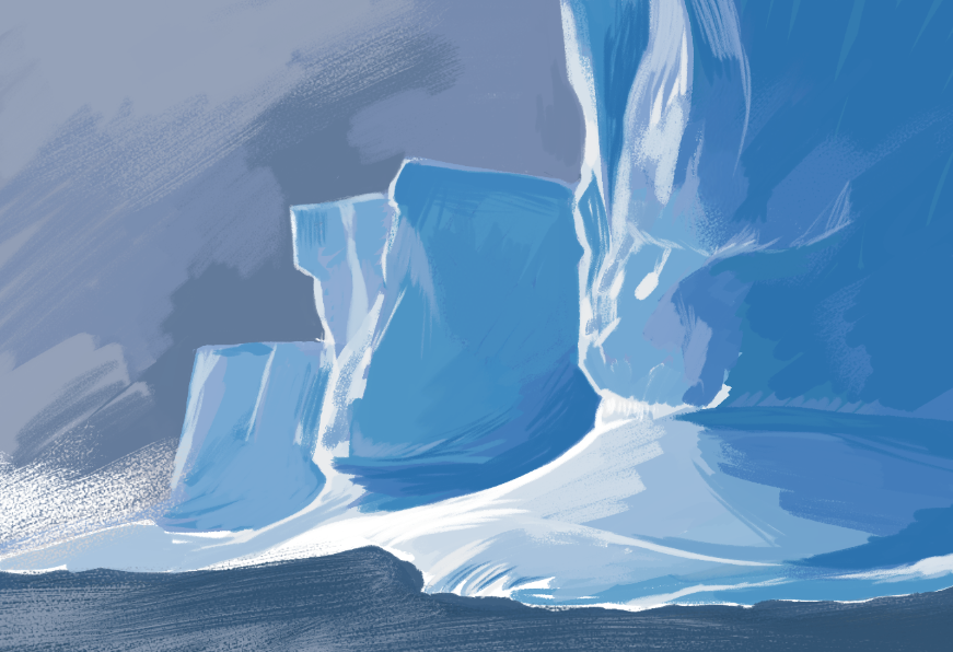 Digital painting: a loose study with wide brush strokes, of icy blue cliffs and dark water, under gray skies.